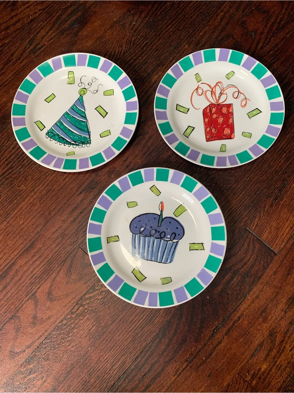 Vintage TAG Year 2000 Hand Painted Ceramic Birthday Cupcake 3 Dessert Plate Set